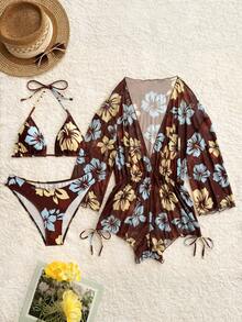 Swim Lushoire Swimsuits For Woman Summer Beach 3packs Random Tropical Print Halter Drawstring Side Bikini - Coffee Brown - View 4