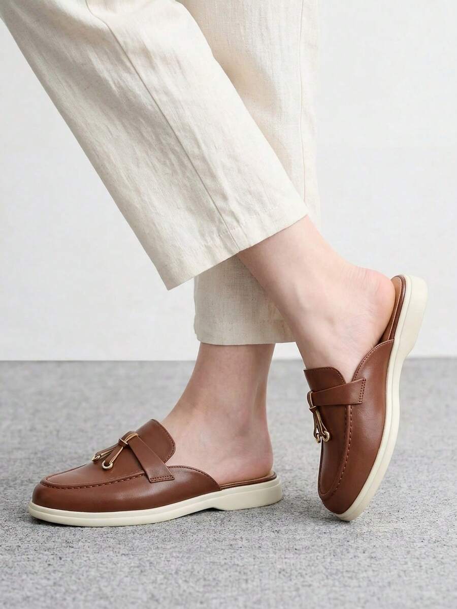 CUCCOO BIZCHIC Women's Fashion Brown Suede Classic Simple Tassel Metal Buckle Mules Love Slippers For Commuting, Dating, Parties, Holidays, Spring Shoes - Brown - View 1