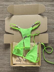 SHEIN Swim 2026春夏 三角杯掛脖式 萊姆綠紋理布料 小硬幣裝飾 高衩可調節 性感熱帶比基尼 女款 海灘派對 - 綠色 - 查看 5