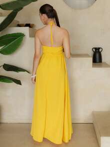 Andrea Bello Beach New Spring And Summer Casual Holiday Halter Neck Strapless Bust Dress,Vacation Outfits Women Elegant Party - Yellow - View 2