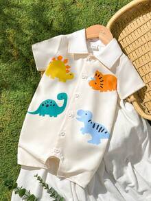 SHEIN Vintaside Kids Bộ romper bé trai tay ngắn cổ bẻ họa tiết động vật dễ thương màu mơ, mở phía trước, romper cổ bẻ mùa hè cho bé, phù hợp cho mùa xuân và mùa hè, phù hợp cho 3M-24M - Màu be - Xem 1