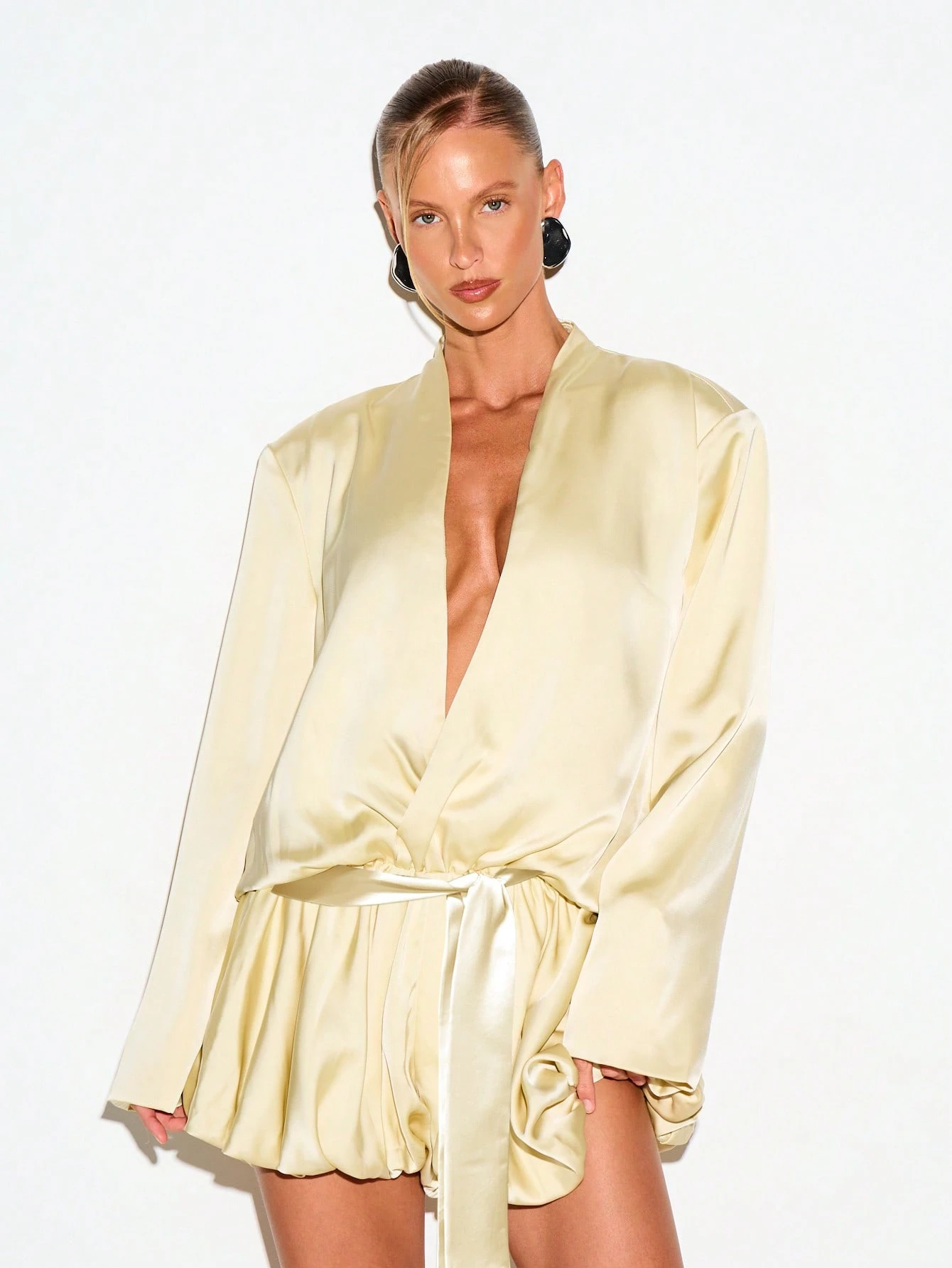 Satin Plunge Neck Romper With Bubble Hem