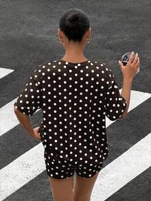 Muchica 巧克力棕色波点针织休闲两件套女装 - 巧克力棕 - 查看 2