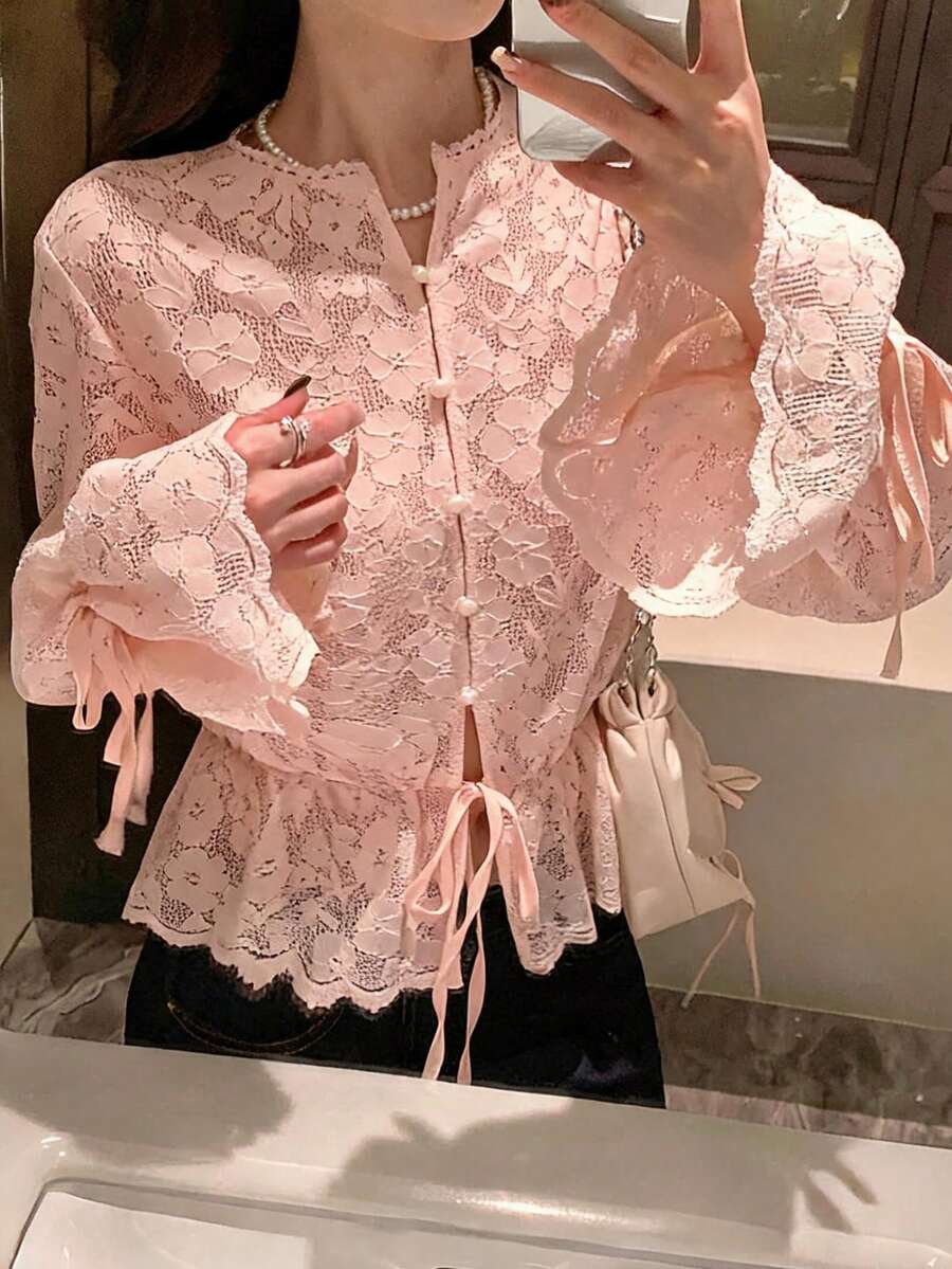 DAZY 女款純色蕾絲拼接抽繩下擺荷葉邊繫帶優雅度假襯衫，春秋長袖 - 粉色 - 查看 1