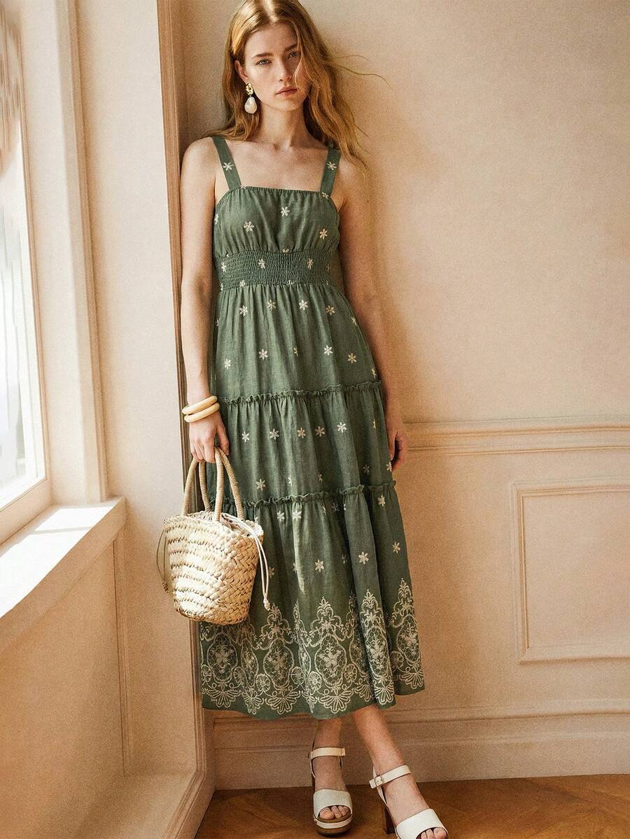 Écloséra 女款優雅軍綠色仿刺繡細肩帶洋裝,方領收腰大裙擺度假洋裝,法式復古印花海灘洋裝,田園南法度假海濱穿搭,適合旅行、日常通勤、約會、海灘拍照 - 軍綠色 - 查看 1