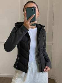 DAZY 女款秋冬修身腰拼接加厚棉外套夾克 - 黑色 - 查看 3