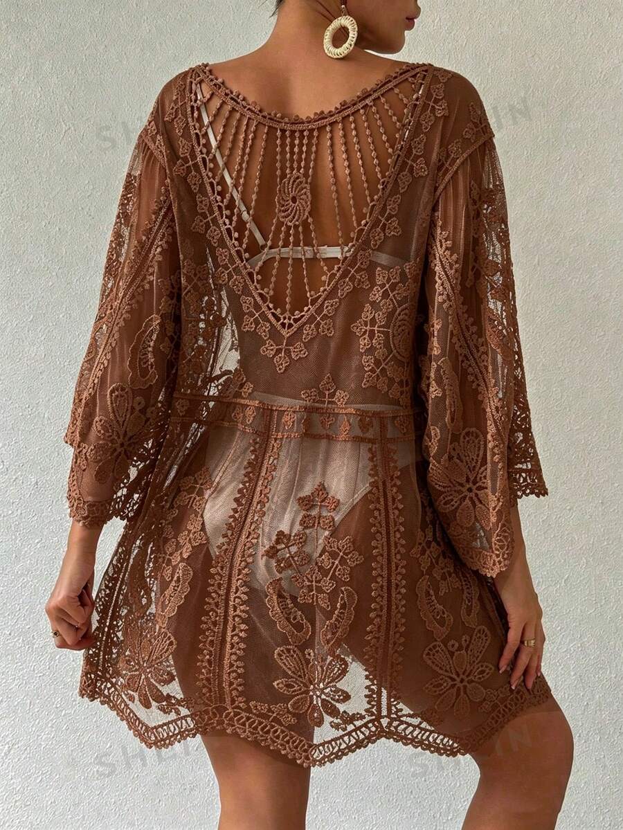 Swim Vcay 女款度假刺繡網紗 3/4 袖寬鬆罩衫洋裝 - 咖啡棕 - 查看 1