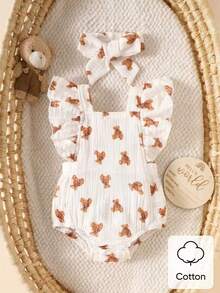 SHEIN Newborn Infant Sleeveless Casual Floral Print Bodysuit, Suitable For Leisure Time Or Outdoor Shopping Wear In Summer - White - View 3
