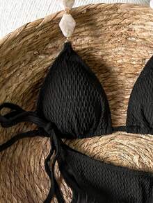 Swim Vcay Solid Color Textured Fabric, Shoulder Strap Stone Accessory Decoration, Waist Side Tie, Elegant Sexy Vacation Women's Swimsuit Set Beach Black Summer - Black - View 3
