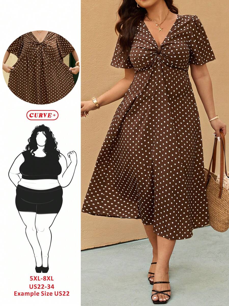 SHEIN CURVE+ Curve 尺码 US22 音乐节、海滨度假、波西米亚风休闲优雅度假 V 领收腰 A 字连衣裙，女士优雅中长连衣裙，飘逸连衣裙