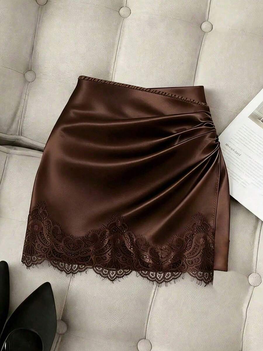 SHEIN Franclia 時尚新款緞面不對稱裙優雅法式復古緞面棕色花卉拼接休閒裙時尚早春新款春夏高腰修身性感百褶裙優雅百搭適合春夏穿著夏季穿搭理想之選這款中長裙有修身、開衩、亮面、迷你和緞面等多種款式此外還適合畢業季、日常通勤、商務辦公、百搭時尚日常休閒和都市教師專業穿著 - 棕色 - 查看 1