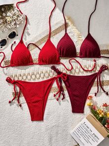 Swim Vcay 女款夏季海灘純色掛脖綁帶性感比基尼泳衣套裝 - 彩色 - 查看 3