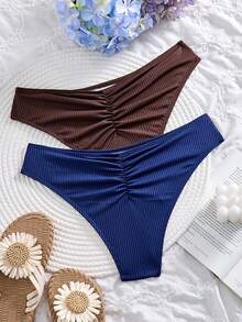 SHEIN Women's Solid Color Ruched Triangle Bikini Bottoms 2pcs Set, Suitable For Summer Vacation Beach - Multicolor - View 3