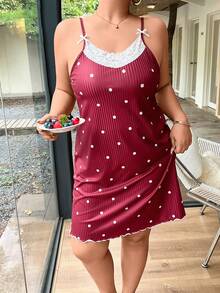 Dream Adore Plus Size Polka Dot Ribbed Lace Cami Nightgown - Red - View 5