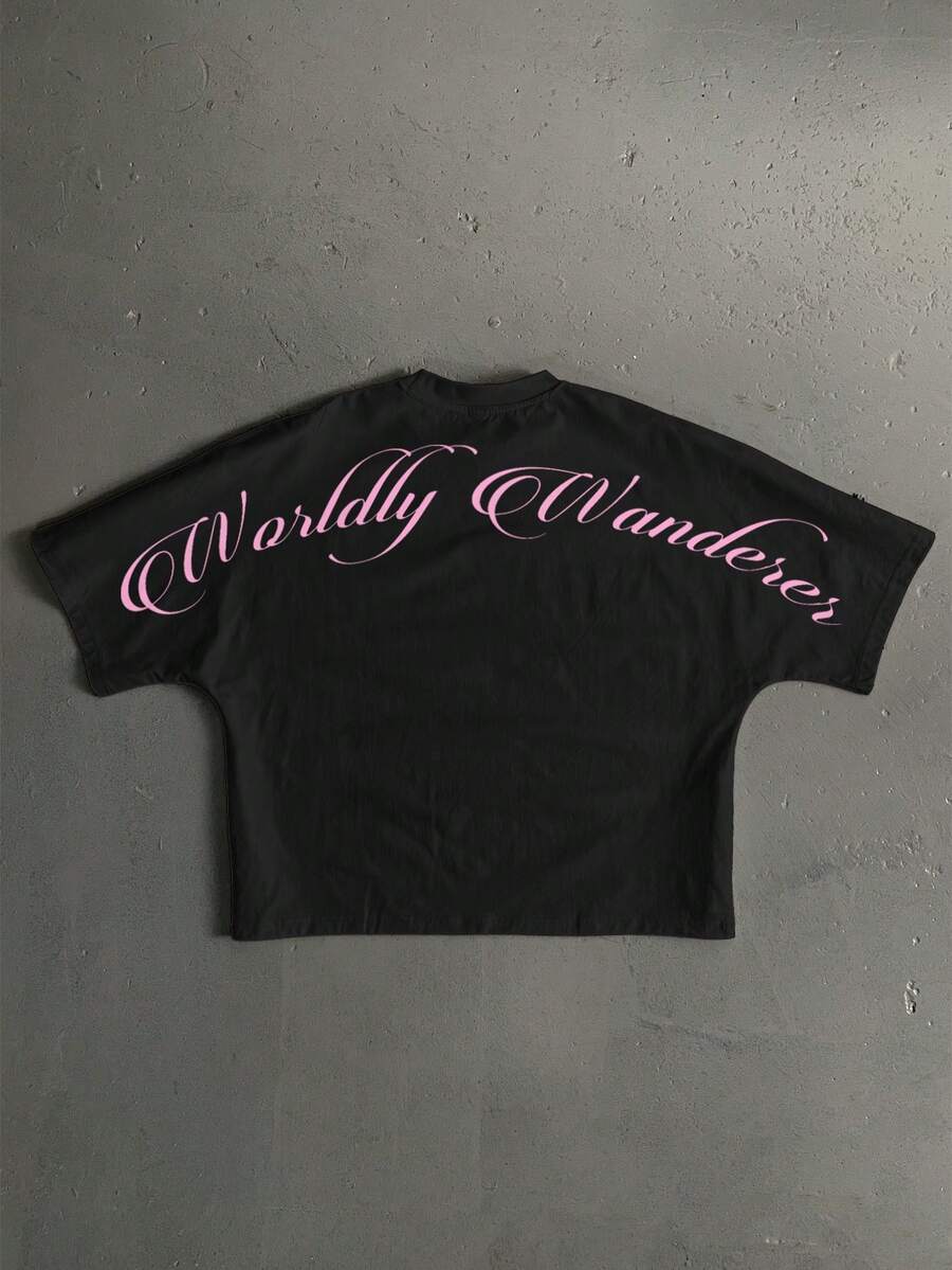 Manfinity Roghcode 粉色手寫簽名字體時尚休閒印花男款標準尺寸落肩寬鬆短袖T恤,適合情侶,送男友禮物 - 黑色 - 查看 1