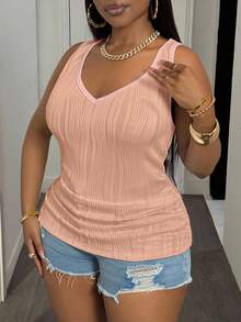 Slaydiva Camiseta de tirantes básica casual para mujer talla grande, cuello en V profundo y textura de canalé fino, blanco - Rosa Pálido - Ver 6