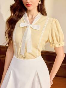 Vintamour Vintage Romantic Elegant Women Shirt Lace Floral Embroidery Color Block Bow Tie Button Puff Sleeve Casual Office Picnic Holiday Blouse For Summer - Pale Yellow - View 3