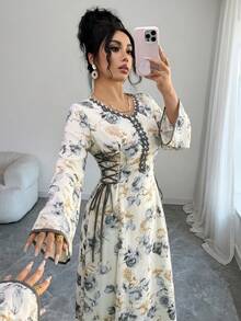 Yasmyna 女款花卉印花側腰綁帶優雅端莊阿拉伯風連身裙 洗禮賓客正式米色冬季 - 灰色 - 查看 7