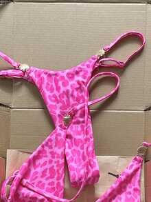SHEIN Swim 2026春夏女款粉色豹紋細肩帶掛脖綁側高衩綁繩丁字褲比基尼泳衣兩件套，甜美度假風，適合海邊拍照 - 粉色 - 查看 5