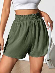 Flirla Women's Solid Color Ruffle Waist Casual Shorts - Army Green - View 4