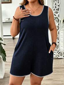 EMERY ROSE Casual Minimalist Contrast Trim Sleeveless Plus Size Romper - Navy Blue - View 3