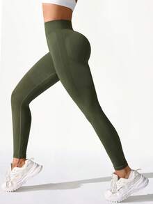 Gameset SHEIN Sport 女款素色高腰日常健身運動緊身褲 - 墨綠色 - 查看 3