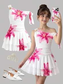 Girlism Kids Tween Girls Dresses Summer Vacation Knitted Hibiscus Flower Mesh Cute Off-Shoulder Mini Dress With Metallic Starfish Accessories, Summer Dress - White - View 1