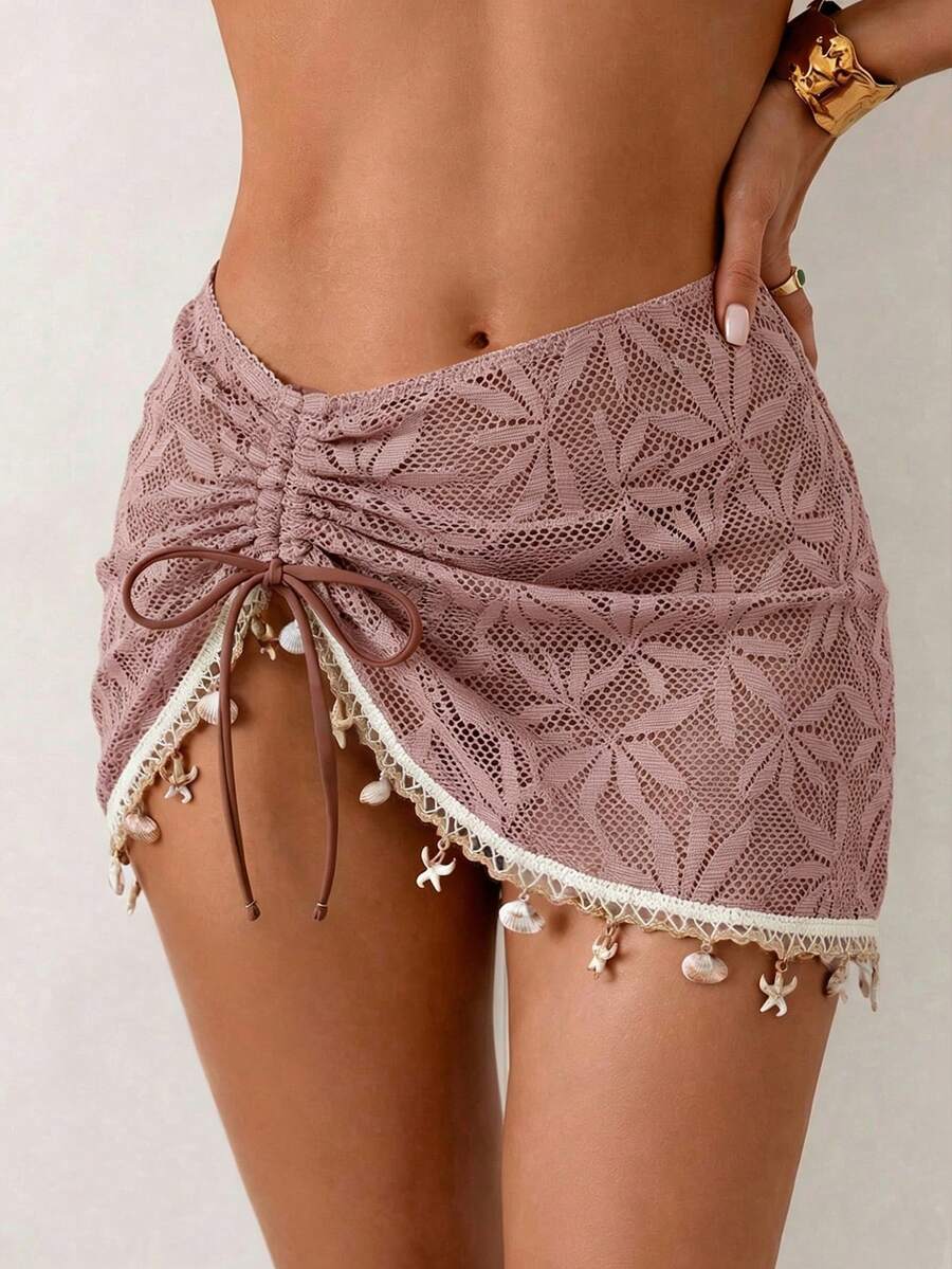 Swim Lushoire Women's Summer Beach Vacation Drawstring Ruched Starfish Shell Tassel Solid Color Special Texture Fabric Split Hem Skirt - Pink - View 1