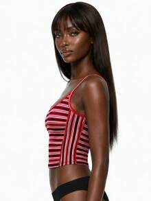 Rest Era Fashionable Slim-Fit Red Striped Knit Camisole Top, Spring/Summer - Red - View 4