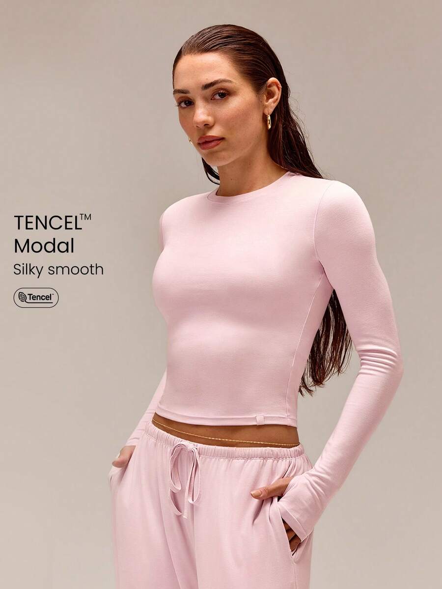 GLOWMODE TENCEL™ Modal 全流暢絲滑輕盈修身腰長長袖上衣 日常休閒穿搭 - 粉色 - 查看 1
