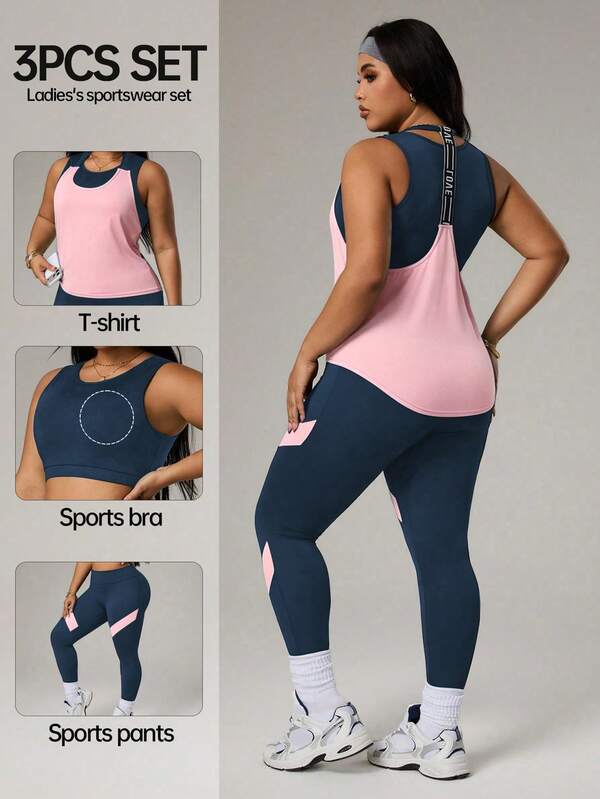 Rhythm Era Plus Size Women's Solid Color Crew Neck Inner Layer, High Waist Leggings And Letter Print Top Casual Sports Set