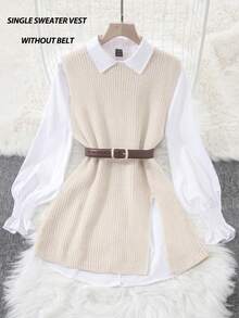 INAWLY 1 chiếc áo vest dệt kim xẻ viền màu mơ cổ điển dành cho nữ - Màu be - Xem 1