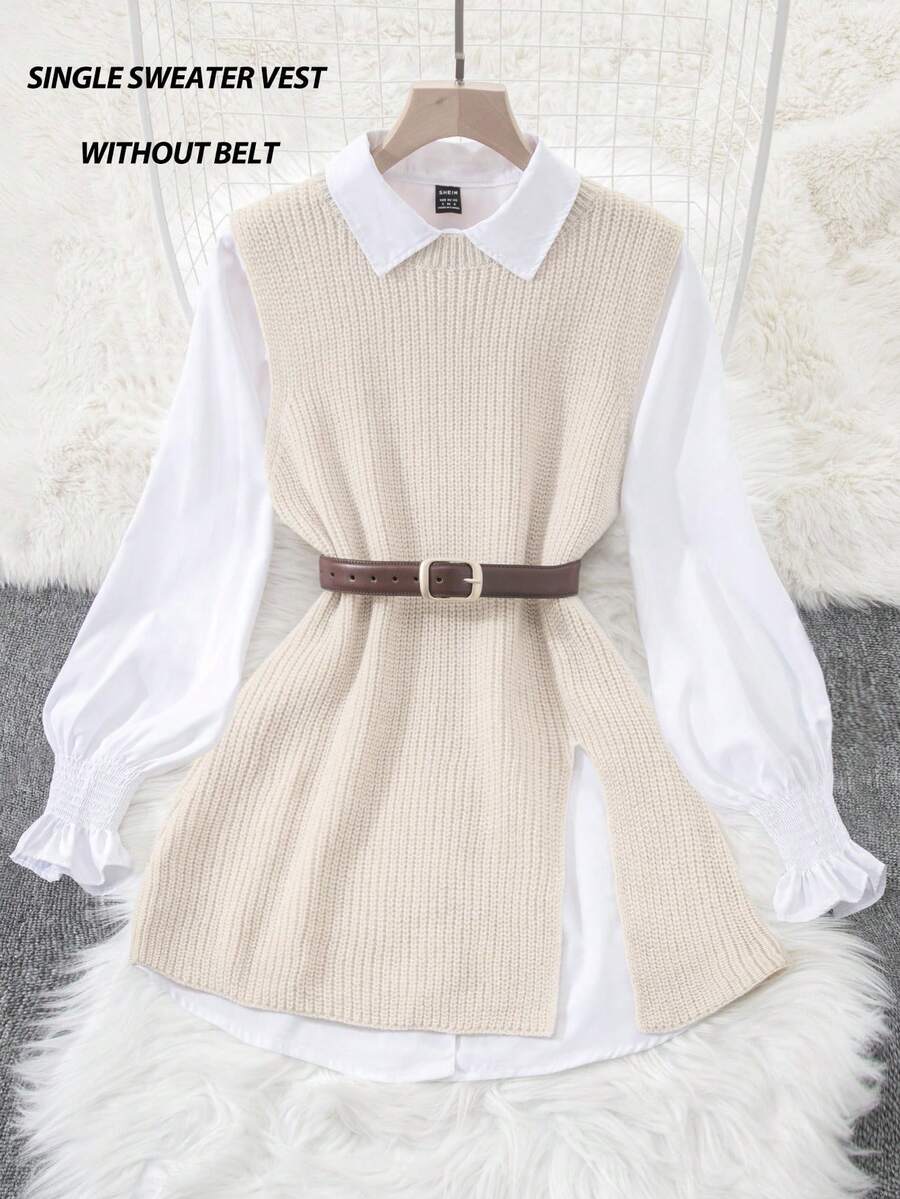 INAWLY 1 chiếc áo vest dệt kim xẻ viền màu mơ cổ điển dành cho nữ - Màu be - Xem 1