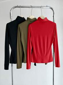 SHEIN BASICS 3件組純色針織高領修身女款長袖基礎層T恤 - 彩色 - 查看 2