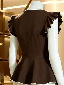 Franclia Blouse Peplum Waist Firm Structured Woven V Neck Ruffle Flutter Sleeve Side Button Contrast Binding Elegant Business Vintage Coffee Brown Contrast - Brown - View 5