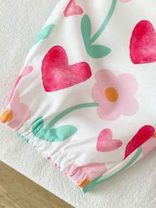 SHEIN Playful Pals 2件組女嬰幼兒羅紋圓領荷葉袖短袖T恤與圖案長褲套裝，女嬰服飾，嬰兒上衣，派對、度假、花卉、田園風，適合夏季 - 粉色 - 查看 5