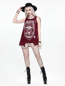 ROMWE Goth 女款深色骷髏昆蟲骨架星盤 A 字版型長版寬鬆背心上衣 - 酒紅色 - 查看 6