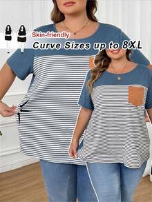 SHEIN CURVE+ 大码女式撞色条纹拼接T恤 - 彩色 - 查看 1