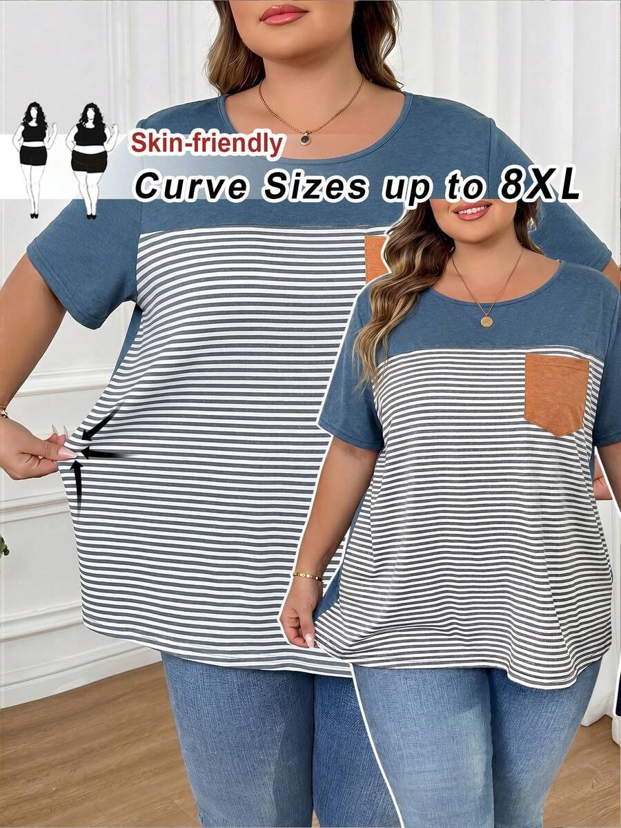 SHEIN CURVE+ 大码女式撞色条纹拼接T恤 - 彩色 - 查看 1