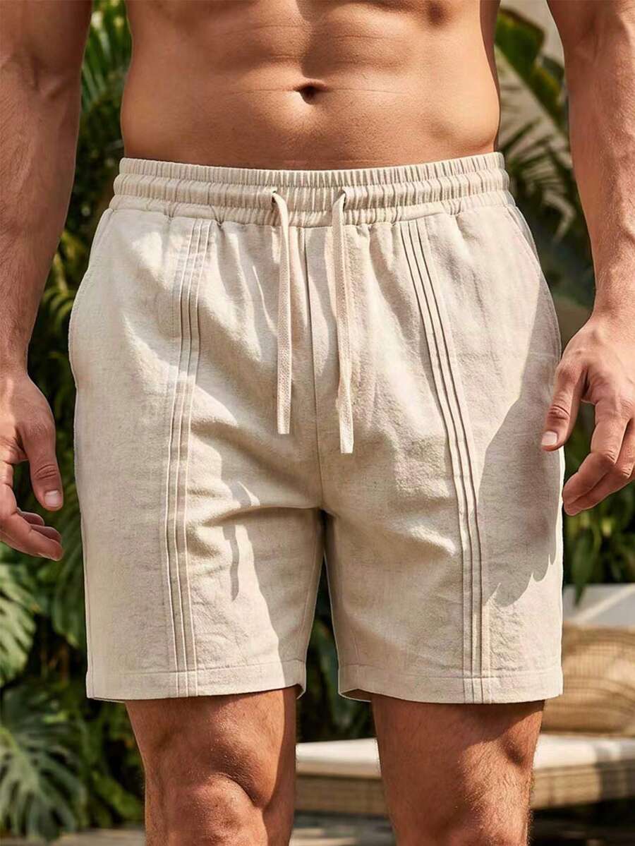VIVINTIMO Pantalones cortos casuales de vacaciones para hombre, unicolor con cintura con cordón, para días festivos - Beis - View 1