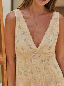 WESTFADE V Neck Sleeveless Floral Print & Lace Loose Fit Babydoll Mini Slip Dress, Country Style For Women, Summer Vacation Outfit - Multicolor - View 4