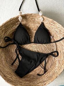 Swim Vcay Solid Color Textured Fabric, Shoulder Strap Stone Accessory Decoration, Waist Side Tie, Elegant Sexy Vacation Women's Swimsuit Set Beach Black Summer - Black - View 4