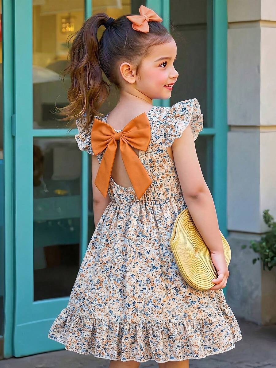 SHEIN Elladie kids 少女優雅淺杏色小碎花圓領荷葉袖露背鏤空貼花3D蝴蝶結收腰荷葉邊休閒可愛時尚洋裝，適合度假旅遊夏季