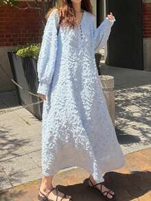 FRIFUL Women's Early Autumn New Korean Style Textured Fabric Long Dress With Large Hem - Blue - View 5