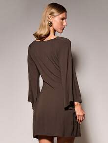 COSMINA Women's Draped Neck Bell Sleeve Long Sleeve Solid Color Draped Neck Versatile Dress - Brown - View 5
