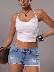 TRNVIE Fashion Casual Sexy Distressed Frayed Low Waist Denim Shorts - Medium Wash - View 4