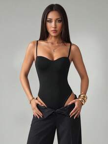 SHEIN PETITE 95%棉、加墊、免內衣、休閒、極簡、復古、優雅、百搭，適合上班、海灘裝、度假穿搭，女款夏季套裝，性感無肩帶露背女式連身衣 - 黑色 - 查看 9