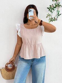 SHEIN Frenchy Plus Size Women's Plaid Round Neck Short Flutter Sleeve Ruffle Hem Blouse - Pink - View 6