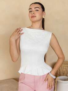 Andrea Bello 女款優雅提花布料荷葉邊下擺背心，夏季休閒白色 - 白色 - 查看 3
