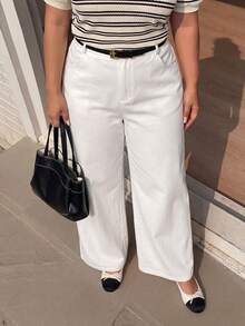 Dripcurv Pantalones diarios de unicolor simple para mujer de talla grande - Blanco - Ver 1